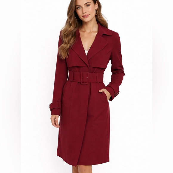 Express Jackets & Blazers - Express Burgundy Belted Long Trench Coat Size Medium
